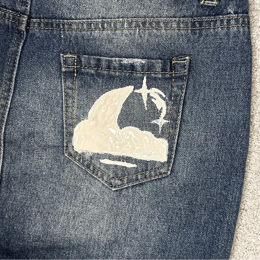 Celestial Mini Skirt Low Rise‎ 1 Blue Moon Star Hand Painted Denim Y2K